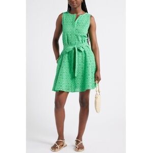 Caslon Green Sleeveless Cotton Eyelet Belted Dress
